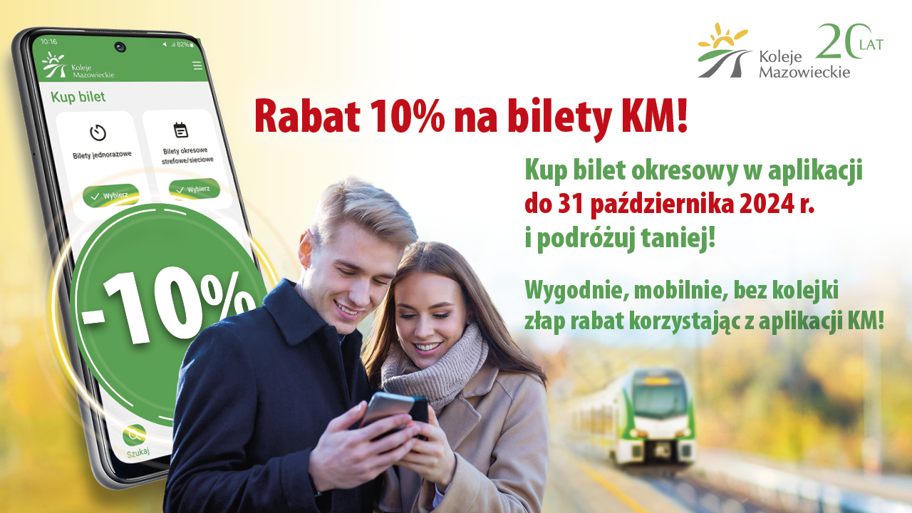 Grafika promująca promocję -10% w Aplikacji KM, na pierwszym planie smartfon z ikoną -10% oraz para trzymająca telefon, w tle ezt ER160 FLIRT3