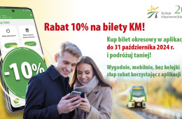 Grafika na temat promocji 10% rabatu na zakup biletów okresowych w aplikacji Kolei Mazowieckich