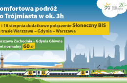 plakat promujący "Słonecznyy - BIS" zawiera informacje takie jak: relacja, cena, czas podrozy. Widnieje na niej grafika z wagonami pietrowymi w malaturze KM