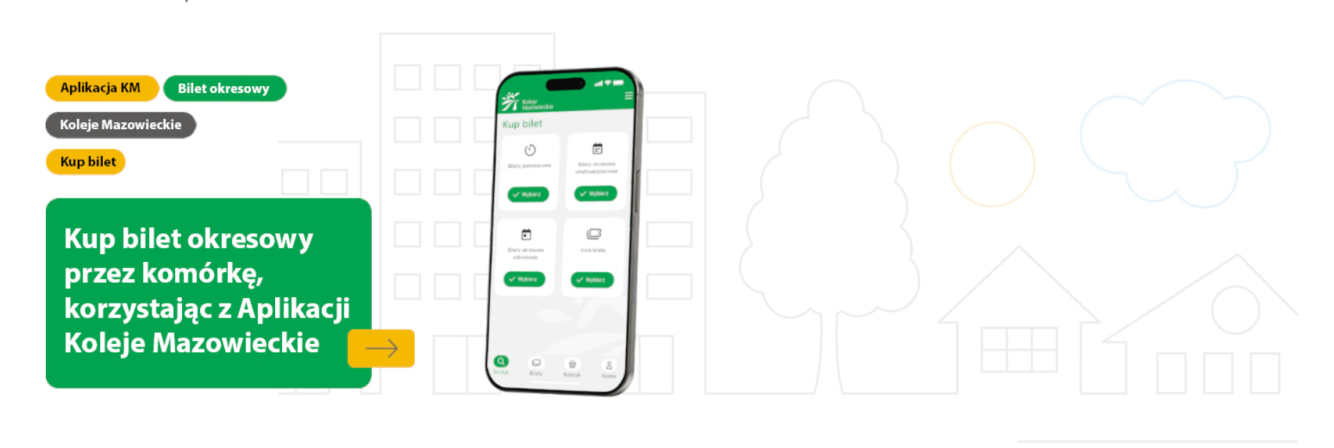 Reklama aplikacji, rzut ekranu komórki, na której wyświetla się strona startowa z aplikacji Koleje Mazowieckie